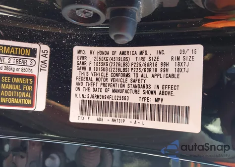 2015 Honda Cr-V Touring z USA, uszkodzony, nr VIN 5J6RM3H94FL025663